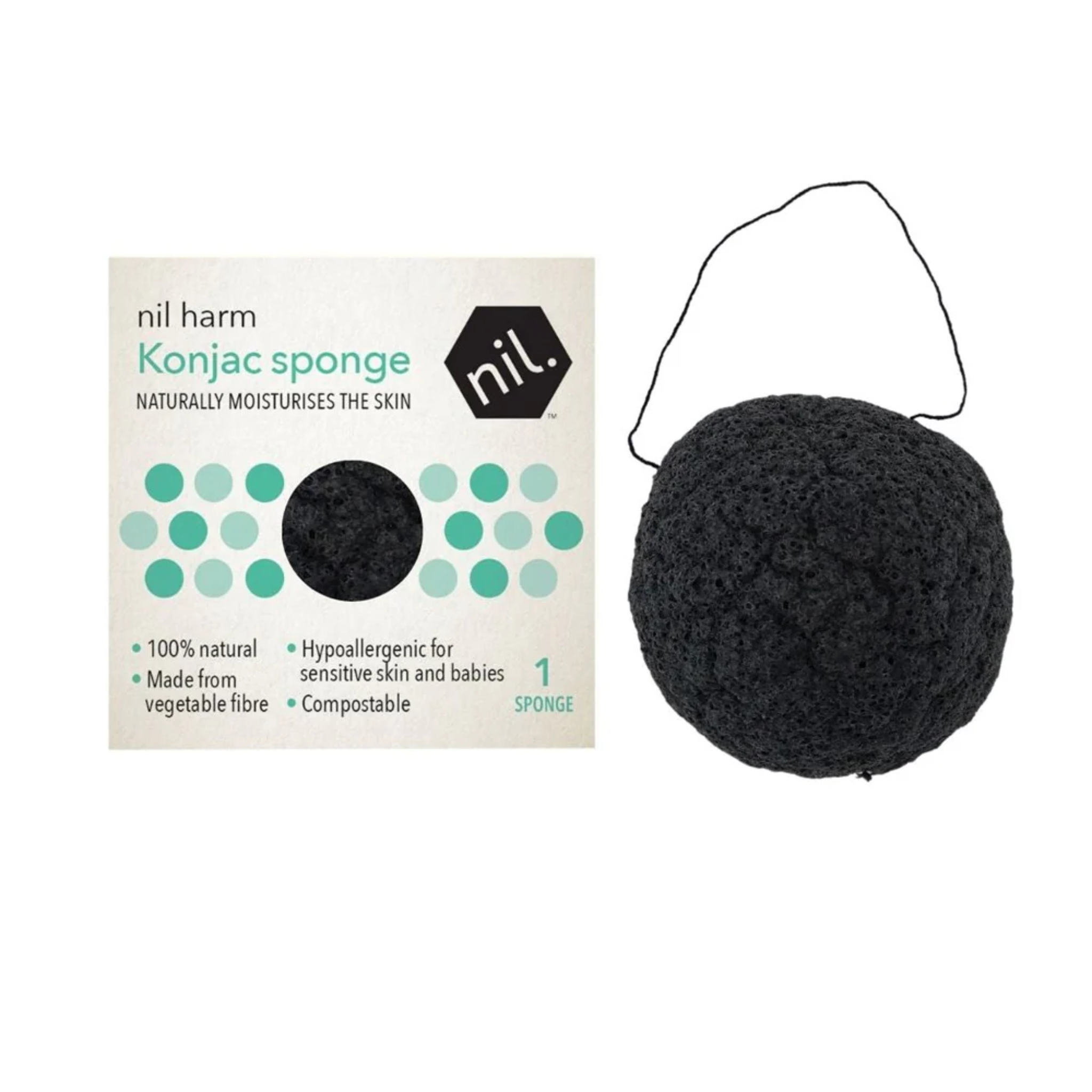 Black konjac facial cleaning sponge with box packaging on white background. 