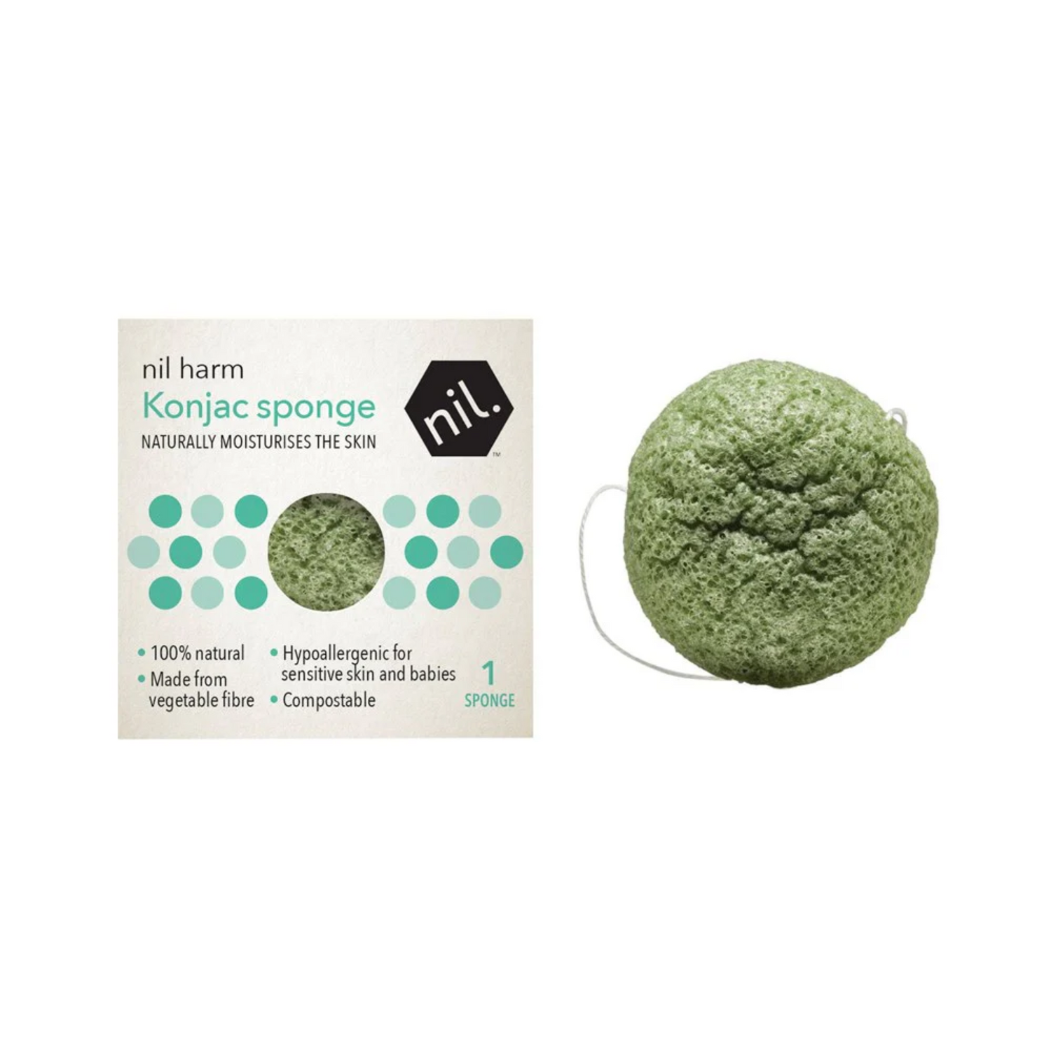 Green konjac facial cleaning sponge with box packaging on white background.