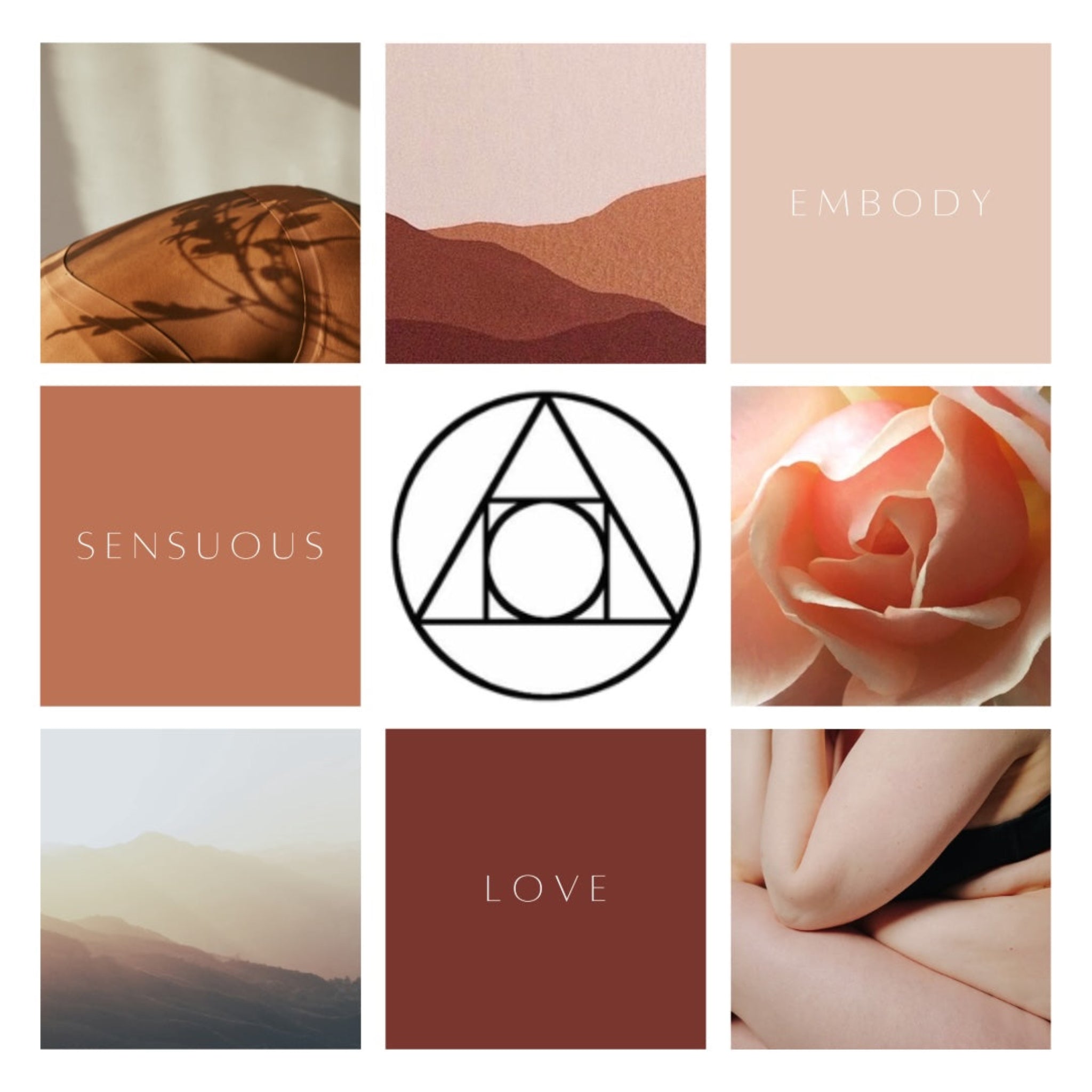 A nine grid collage with images of rose, rosy mountain vistas and soft skin all in rosy hues with the alchemical symbol of aether in the centre. 