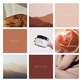 A nine grid collage of aether body butter, soft skin, rose and sunrise over mountains.