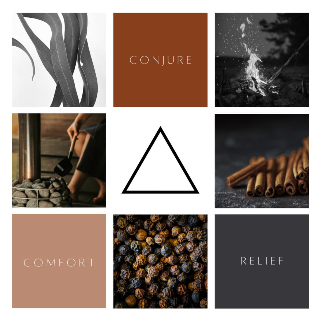 A nine grid collage of images including a camp fire, sauna, cinnamon, black pepper corns and eucalyptus leaves, with the alchemical symbol for fire in the centre. 