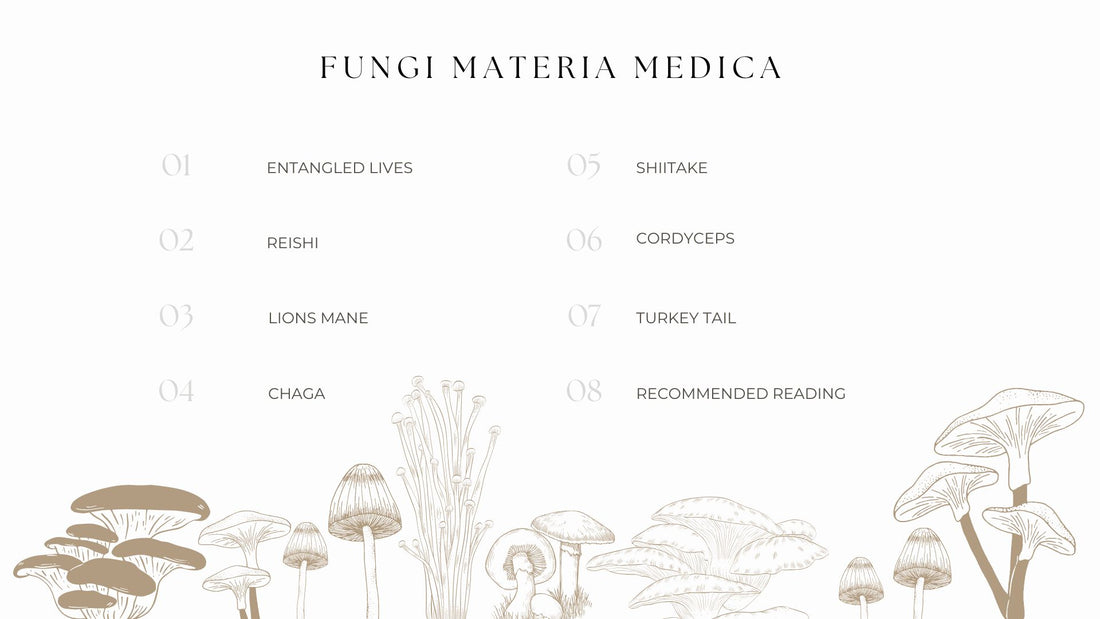 Content page of fungi materia medica including - entangled lives, reishi, lions mane, chaga, shiitake, cordyceps, turkey tail and recommended reading. 