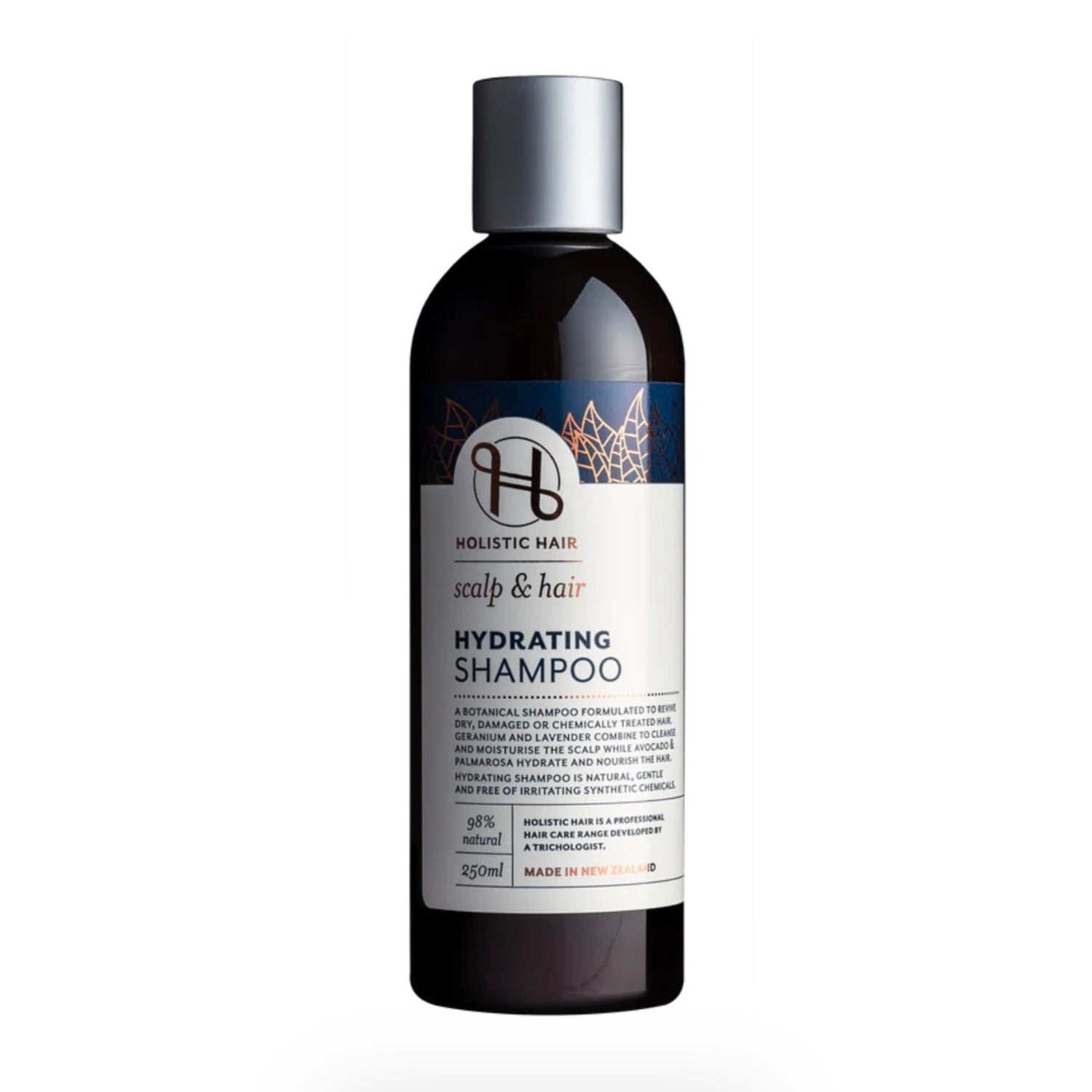 250mL bottle of Holistic Hair Hydrating shampoo on white background. 