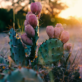 Prickly pear cactus with fruit in the golden light of sunset. 