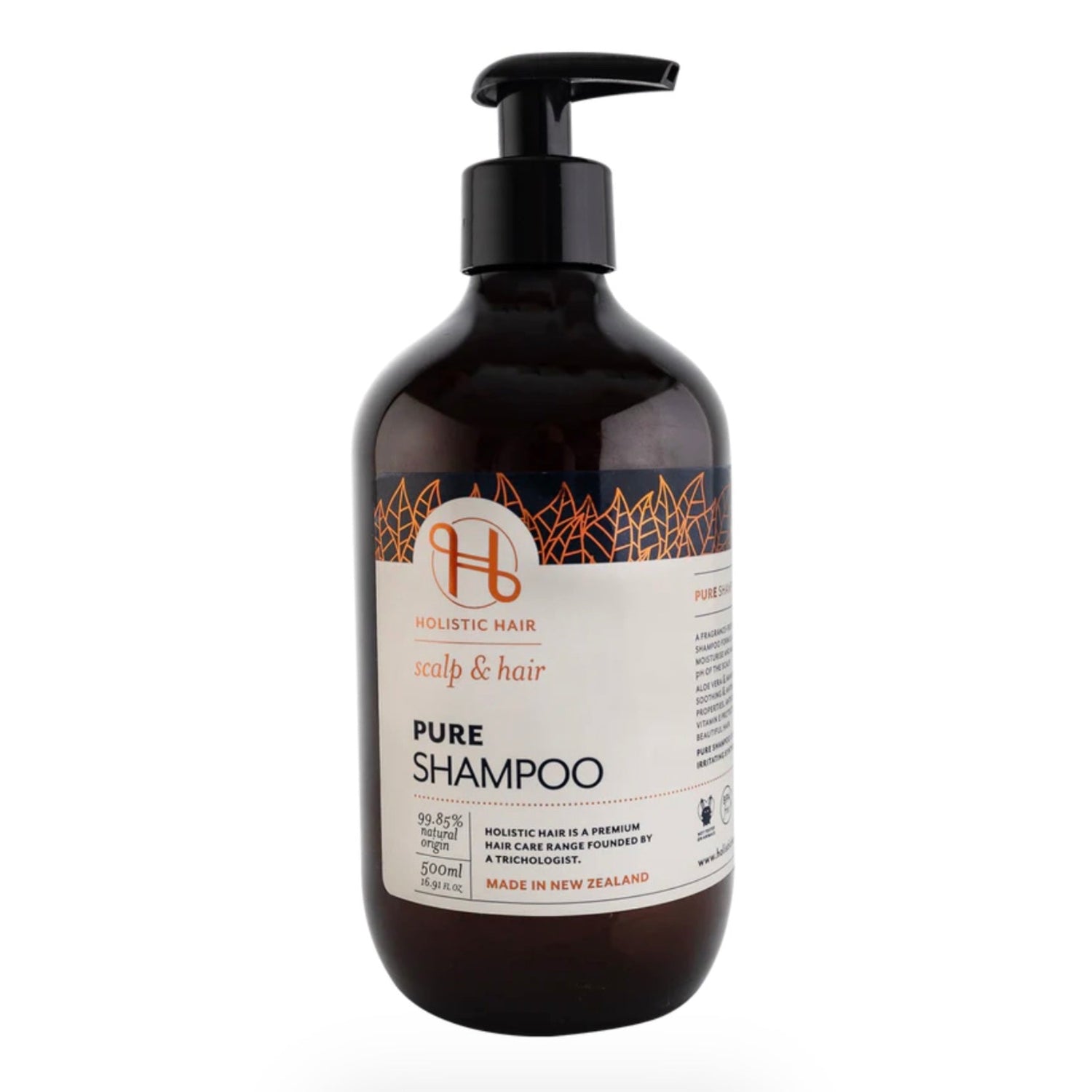 500mL bottle of Holistic Hair Pure shampoo on white background. 