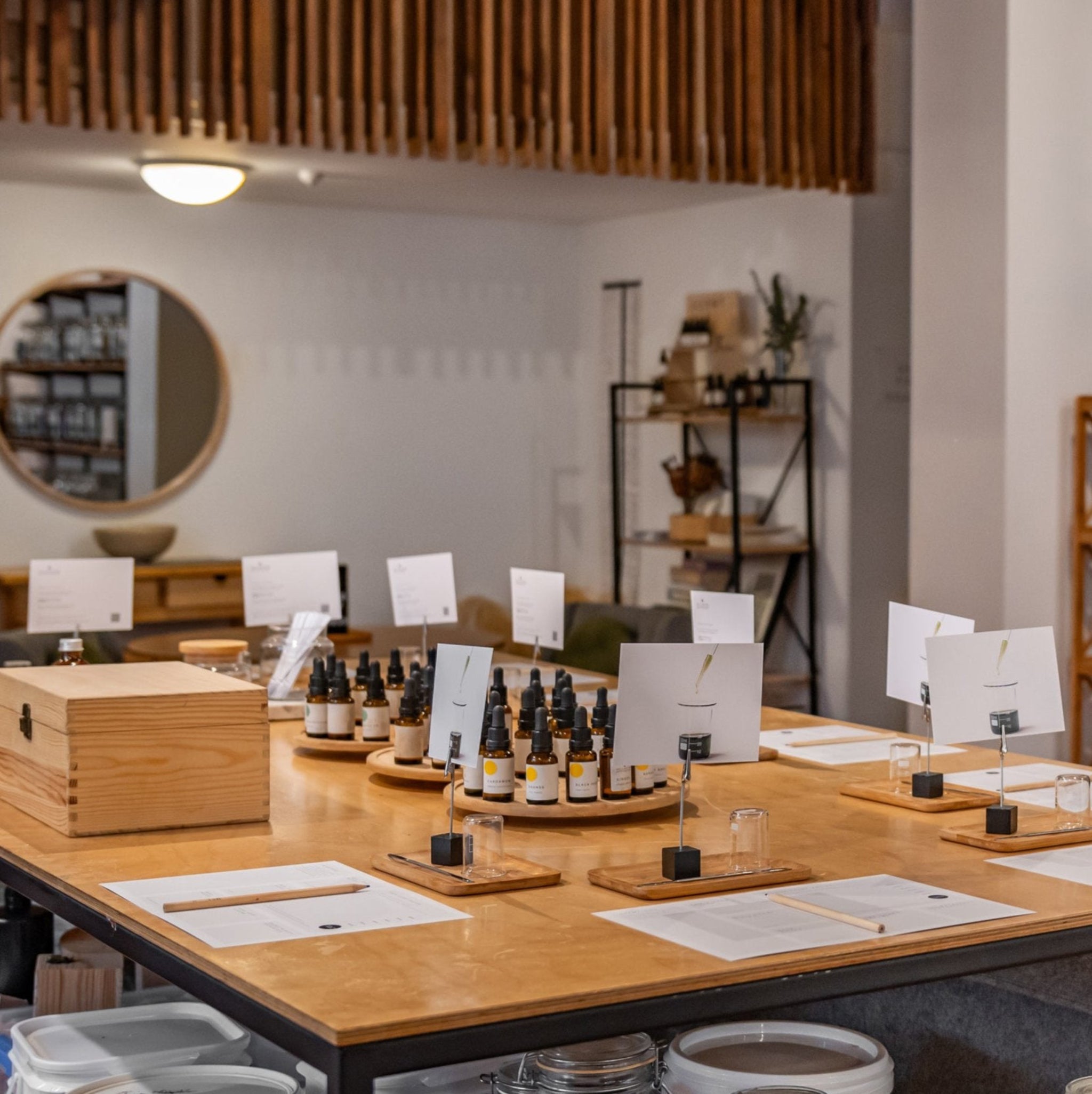 A table set up for a Scent Session workshop within the Wellington Apothecary.