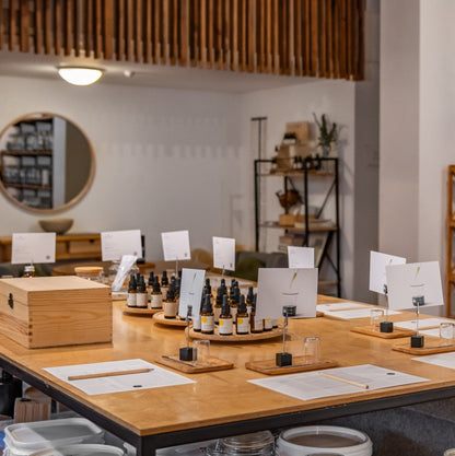 A table set up for a Scent Session workshop within the Wellington Apothecary.