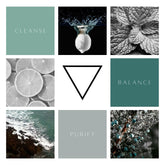 A nine grid collage with images of mint, lemon, lime, juniper and the ocean all in aqua tones with an alchemical symbol for water in the centre. 