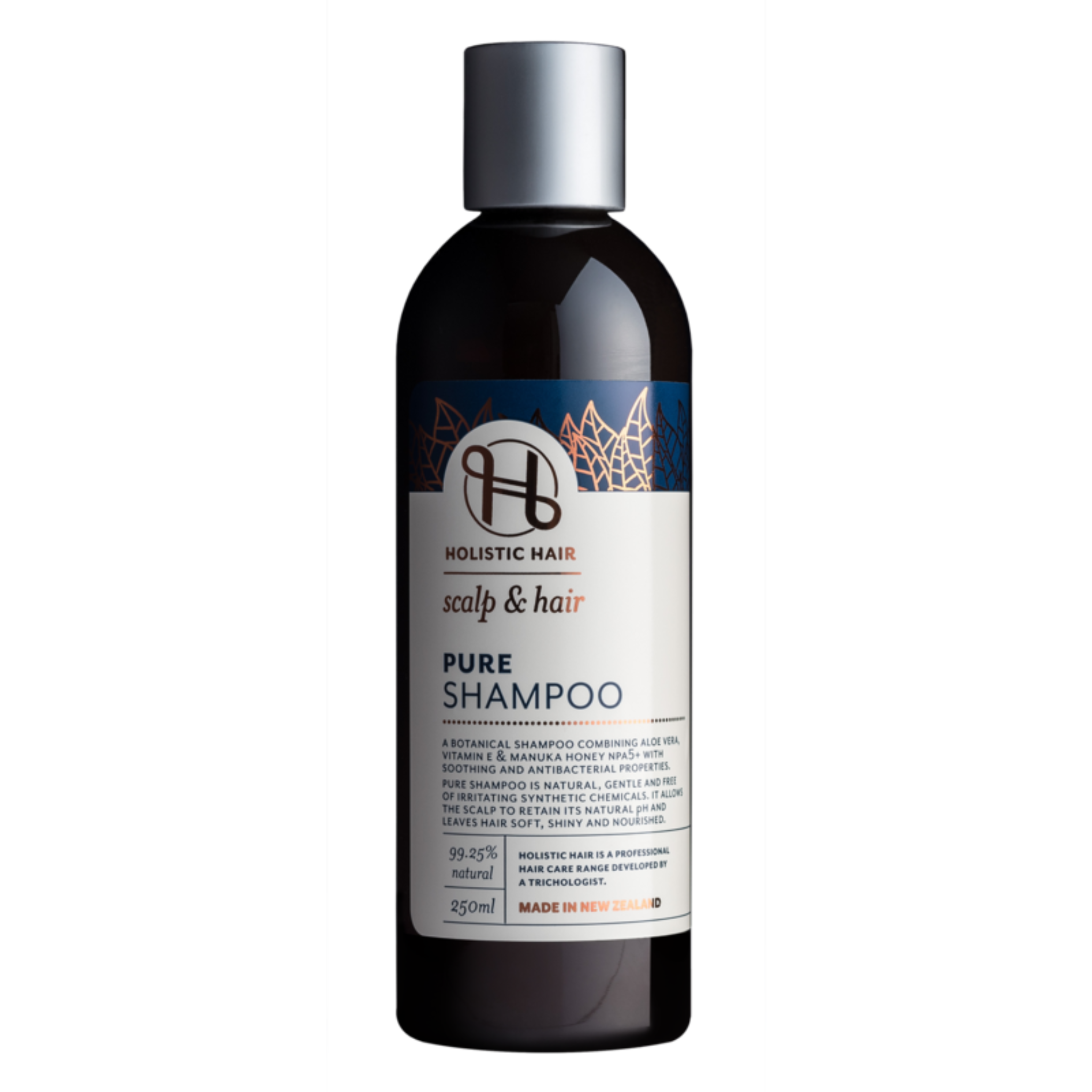 250mL bottle of Holistic Hair Pure shampoo on white background. 