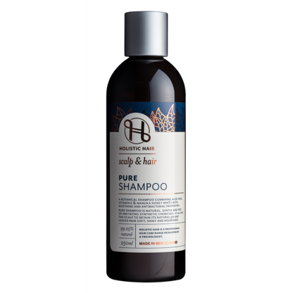 250mL bottle of Holistic Hair Pure shampoo on white background. 